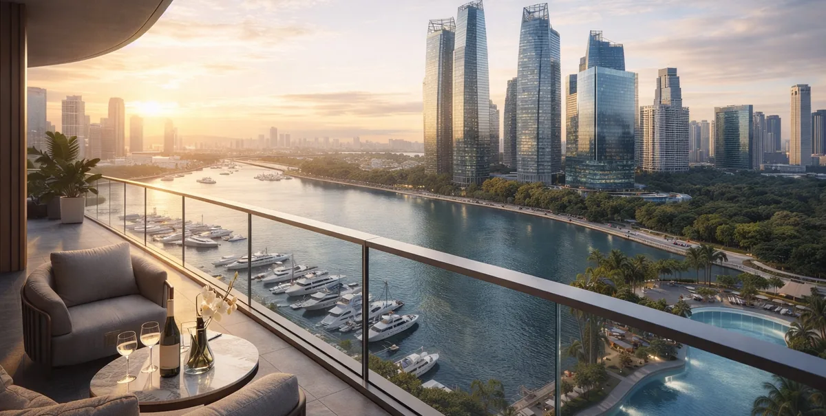 Artist's impression, illustrative only: a balcony with armchairs and a table set with wine glasses, overlooking a marina, a waterside promenade and city towers at sunset