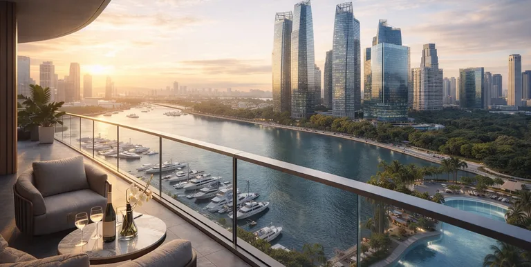 Artist's impression, illustrative only: a balcony with armchairs and a table set with wine glasses, overlooking a marina, a waterside promenade and city towers at sunset