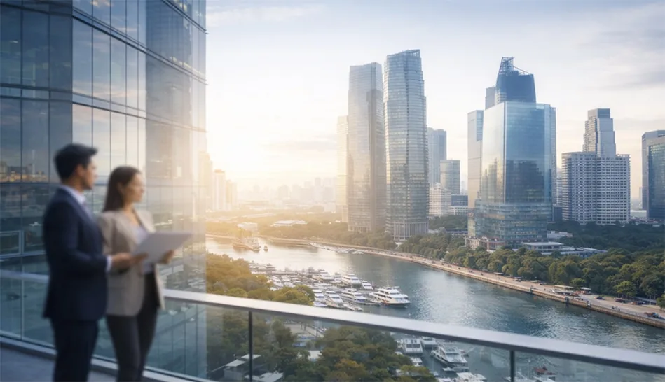 Artist's impression, illustrative only: a man and a woman in business clothes on a glass balcony, looking out over a river lined with boats and towers