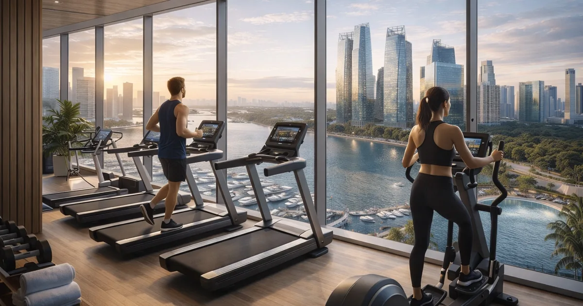 Artist's impression, illustrative only: a gym with treadmills and an elliptical trainer facing floor-to-ceiling windows over a marina and city towers at sunset