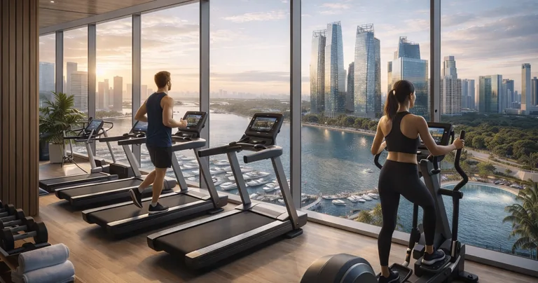 Artist's impression, illustrative only: a gym with treadmills and an elliptical trainer facing floor-to-ceiling windows over a marina and city towers at sunset